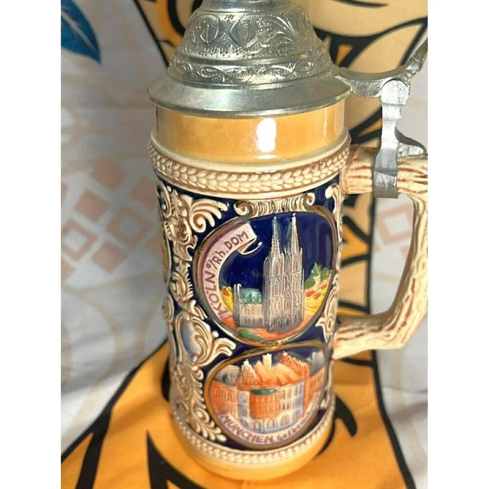 Vintage West German GERZ Lidded Beer Stein – German Cities Relief – Pewter Lid –